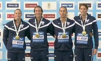 un relai 4 fois 100m 4 nages champion d'Europe  Budapest